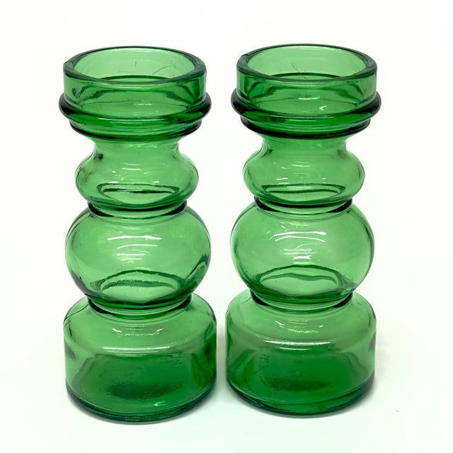 Mid-Century Modern Vintage Curvaceous Green Glass Vases, Made in Italy - A Pair For Sale - Image 3 of 7