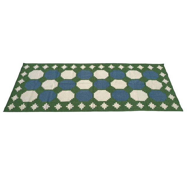 Mid-Century Modern Handmade Woolen Dhurrie Runner, Moss Green, White and Sky Blue Swedish Tile Runner- 3.5'x10' For Sale - Image 3 of 13