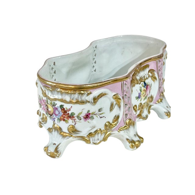 Ceramic Vintage Hollywood Regency Pink and Gold Floral Porcelain Footed Jardiniere For Sale - Image 7 of 11