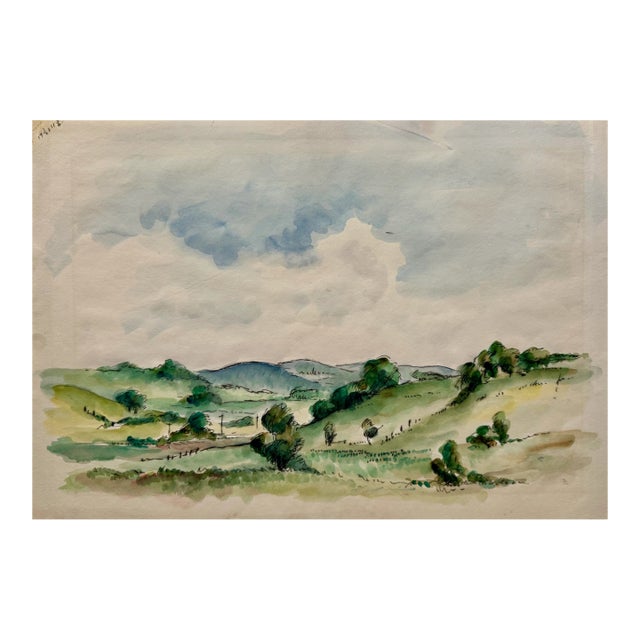 1940s Henry Emil Salloch Original Watercolor on Paper Rolling Green Hills and Pastureland. For Sale