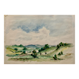 1940s Henry Emil Salloch Original Watercolor on Paper Rolling Green Hills and Pastureland.