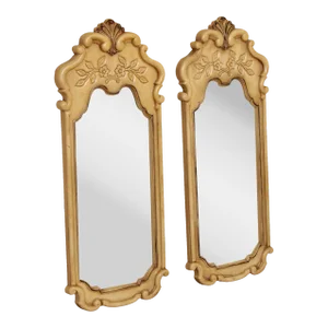 1960s French Louis XV Style Cream Painted Carved Frame Wall Mirrors - A Pair