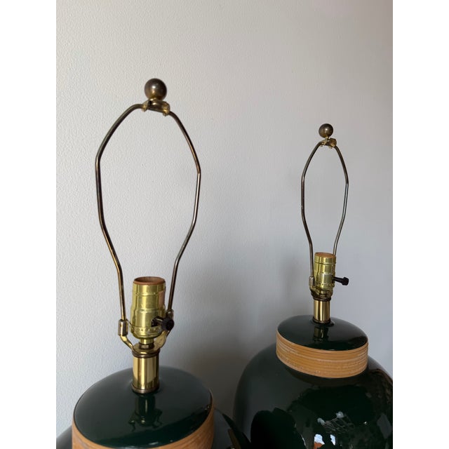 Green 1980’s Vintage Green Glazed Ceramic and Rattan Table Lamps – A Pair For Sale - Image 8 of 12