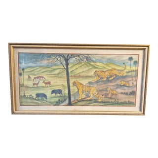 Vintage Watercolor of Tigers in a Landscape For Sale