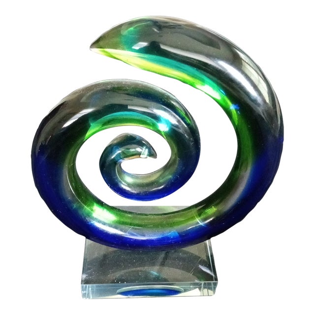 1980s Murano Style Italy Blue Green Sommerso Art Glass Swirl Sculpture For Sale