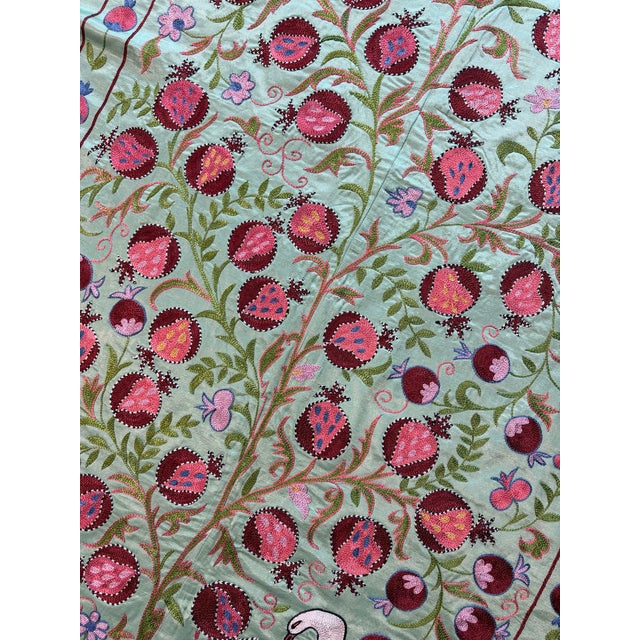 Green Silk Suzani Tapestry With Pomegranate Tree For Sale In New York - Image 6 of 9