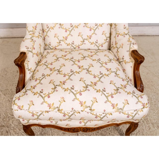 Textile Pair Vintage French Louis XV Style Carved & Upholstered Bergere Chairs For Sale - Image 7 of 18