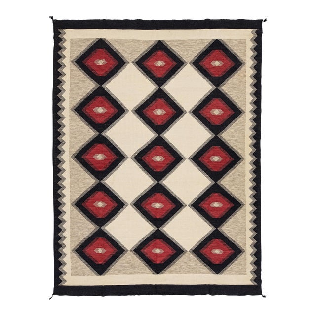 Modern Navajo Style Flatweave Geometric Diamond Wool Rug in Cream 9x12 For Sale