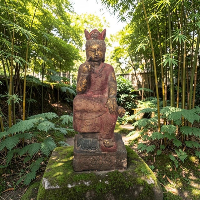 Substantial vintage Asian devotional sculpture depicting a crowned Bodhisattva seated in a contemplative pose upon an...