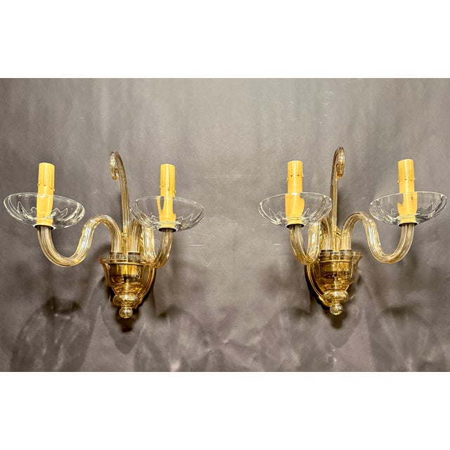 Early 20th Century Murano-Style Glass and Brass Two-Light Wall Sconces - a Pair For Sale - Image 4 of 5