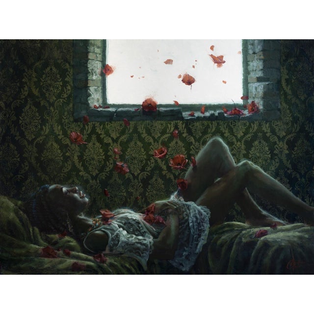 Window of Life 3 by Christopher Clark | Oil on wood panel Woman reclining with roses by a window For Sale