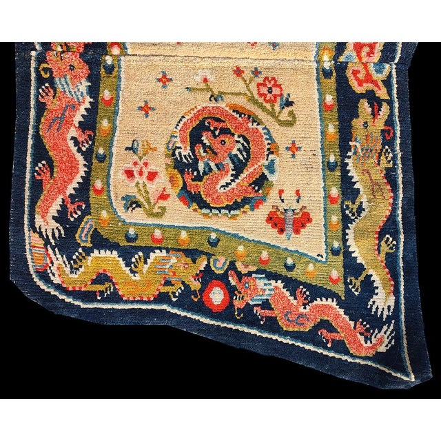 1930s Antique Dragon Medallion Design Ivory Chinese Horse Saddle Cover Wool Rug For Sale - Image 4 of 7