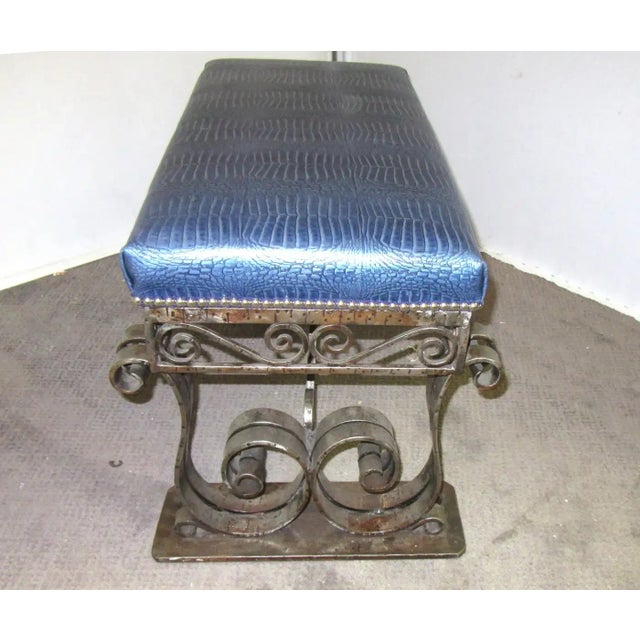 1930s French Art Deco Iron Bench With Faux Alligator Metallic Cobalt Blue Leather Upholstery For Sale - Image 4 of 6