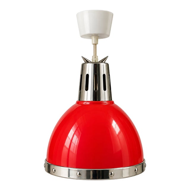 Vintage Ikea Red & Chrome Industrial Pendant Light – Retro Dome Ceiling Lamp For Sale