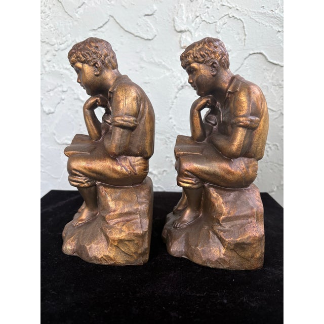 1930s Vintage Bronze-Tone Seated Boy Figural Bookends, Art Deco Style, C. 1920s–1930s (Pair) For Sale - Image 5 of 9