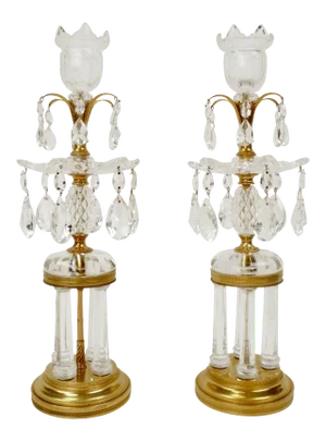 Bronze and Crystal Temple Form Candlesticks Attributed to Parker & Perry - A Pair