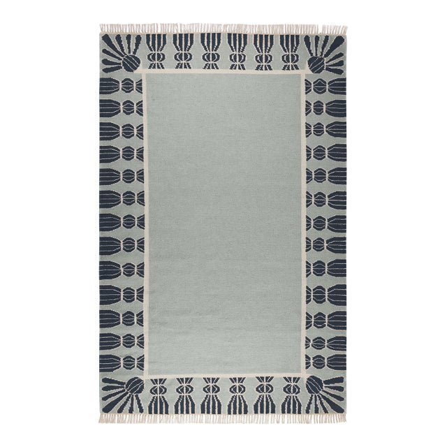 Part & Parcel Goods Wool Tassel Rug, 5' x 8', Sky Blue, Navy and Eggshell For Sale