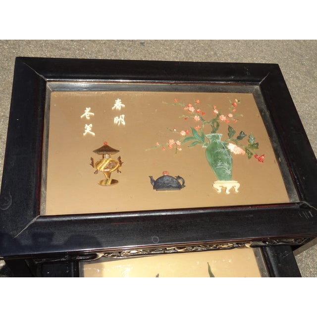1970s Vintage Oriental Asian Black Nesting Tables W Decorative Table Tops ~ Set of Four For Sale - Image 5 of 13