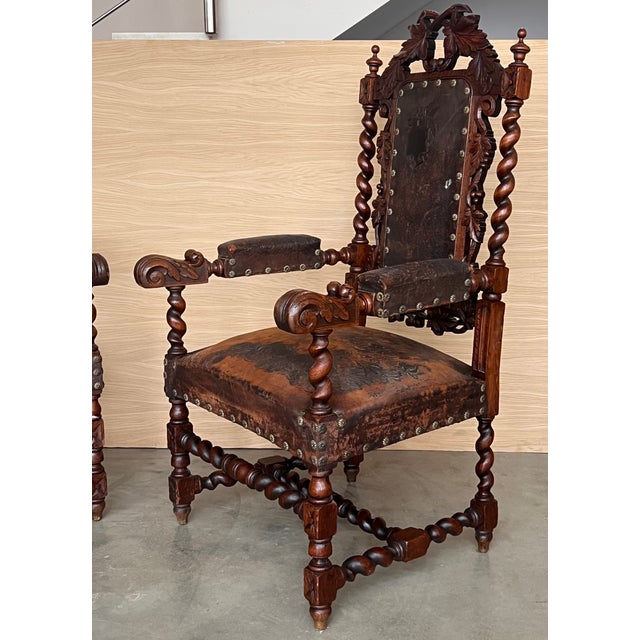 Pair of Colonial Catalan Spanish Altar Armchairs With Carved Leather For Sale - Image 6 of 12