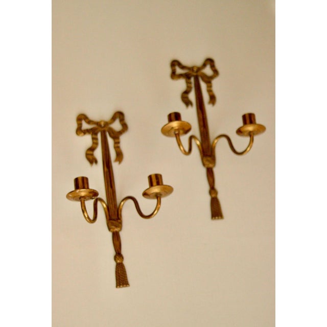 Vintage French Brass Double Arm Bow Sconces, Set of 2 For Sale - Image 13 of 13