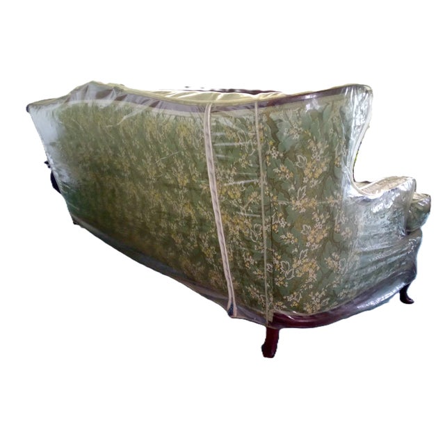 1940s French Provincial Styled, Green Brocade Fabric, Solid Wood-Trimmed Vintage Couch For Sale In Los Angeles - Image 6 of 6
