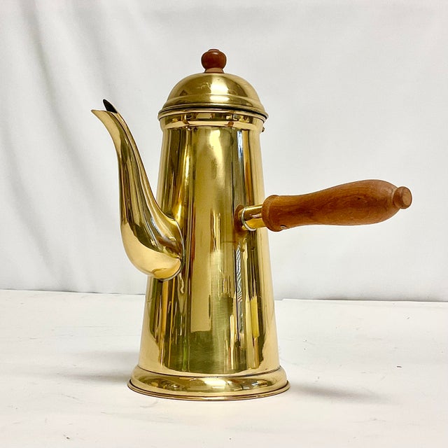 Art Deco Vintage English Hollywood Regency Brass Over Stainless Chocolate-Coffee Pot With Wood Handle For Sale - Image 3 of 9