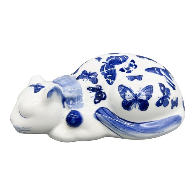 Vintage Blue & White Porcelain Sleeping Cat Figurine – Hand-Painted With Butterflies – Chinoiserie / Delft Style / Whimsical For Sale