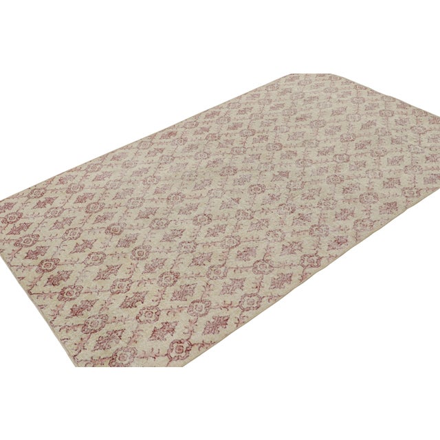 Hand Knotted in wool circa 1960-1970, this 5x8 vintage Zeki Múren rug features a unique play of Art Deco and mid-century...