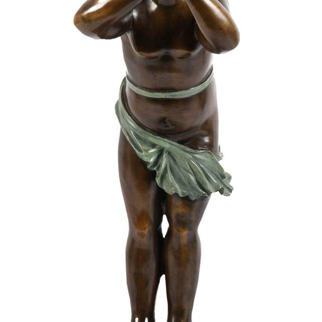 Stone Antique Bronze Boy Figure Blowing a Bugle on Marble Base – Classical Figural Sculpture For Sale - Image 7 of 8