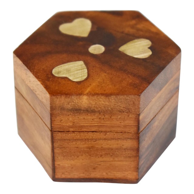 Mid 20th Century Vintage Hand Made Inlaid Brass Hearts Wooden Hexagon Box For Sale