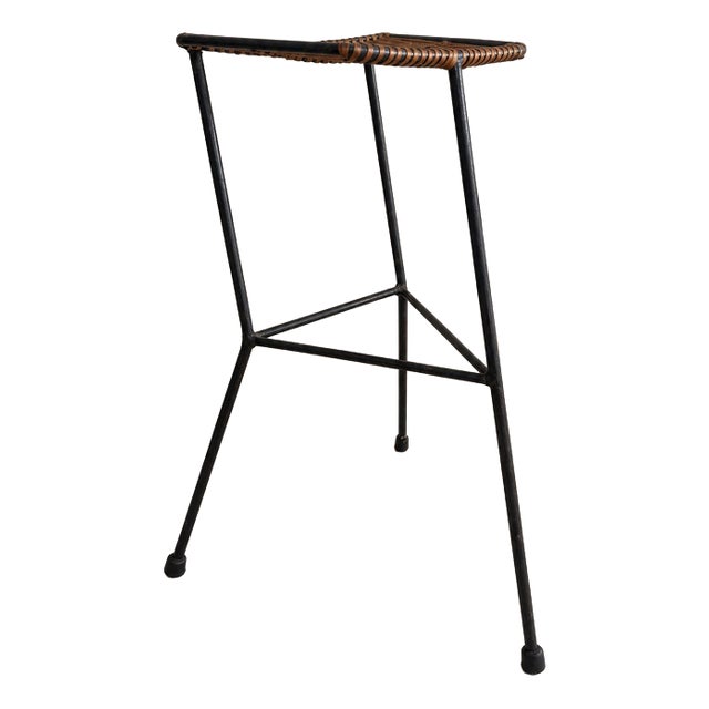 Mid-Century Rattan Cane and Iron Bar Stool attributed to Dennis Lennon, 1950s For Sale