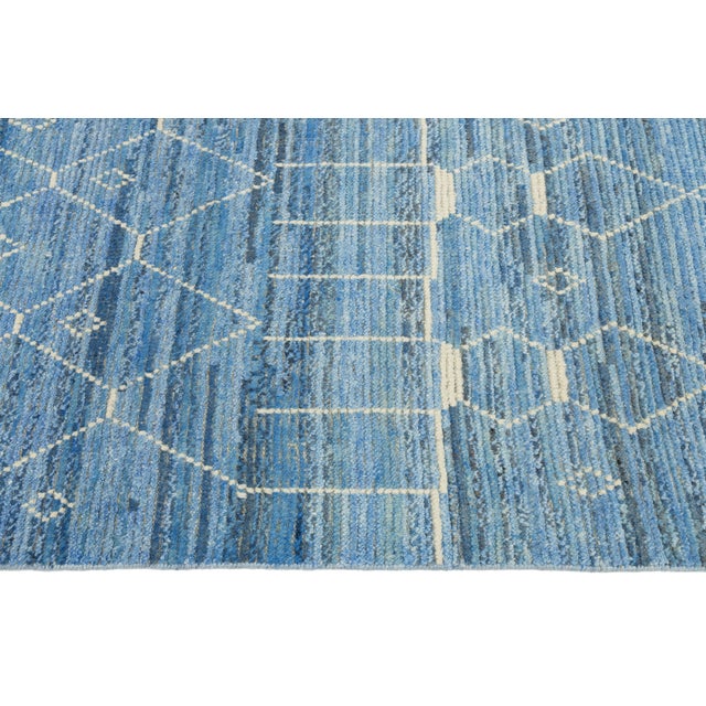 Modern Moroccan Style Wool Rug Handwoven Blue With Tribal Geometric Motifs For Sale - Image 10 of 10