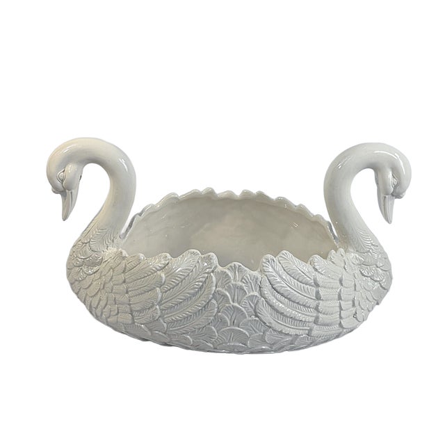 20th Century Italian White Ceramic Double Swan Centerpiece Planter For Sale - Image 4 of 6