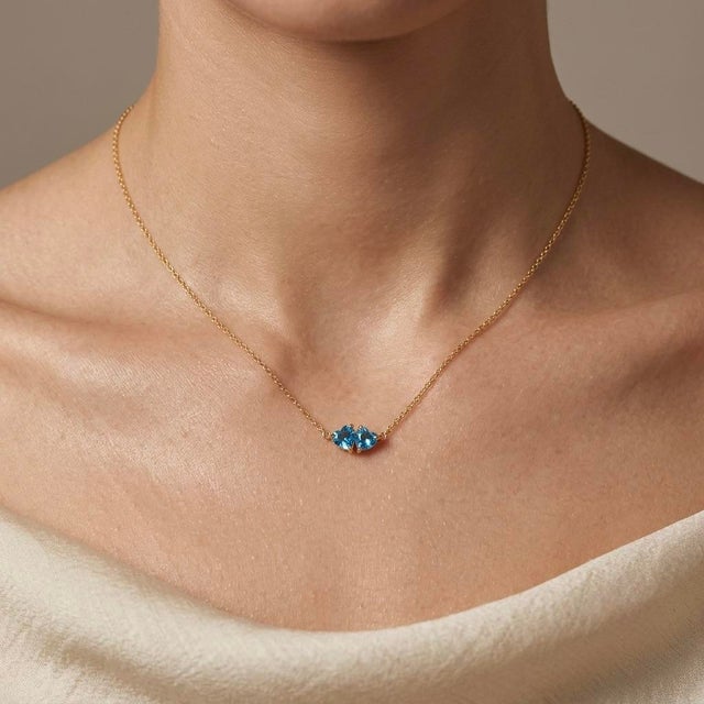 Contemporary Swiss Blue Topaz Heart Necklace | Dainty Gemstone Everyday Necklace | December Birthstone Necklace For Sale - Image 3 of 3