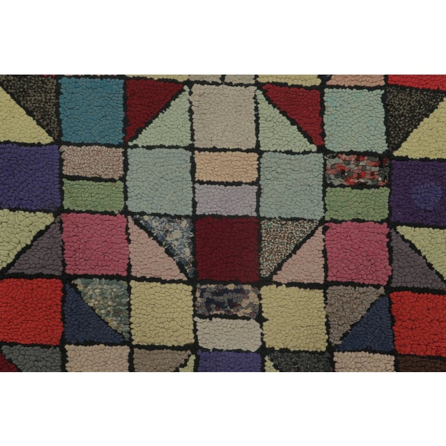 1920s Antique Hooked Rug With Playful Geometric Grid in Multicolor - Rug & Kilim For Sale - Image 5 of 8