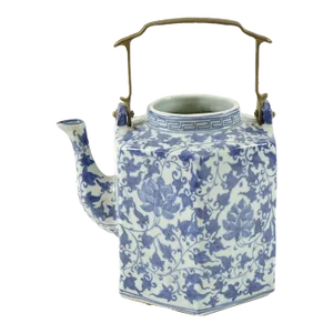 18th Century Antique Chinese Blue and White Porcelain Hexagonal Teapot