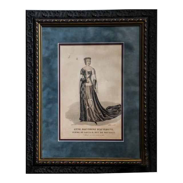 Framed Antique Anne of Auvergne, Dauphine De Bourbon, Medieval Fashion Print Plate Royalty For Sale