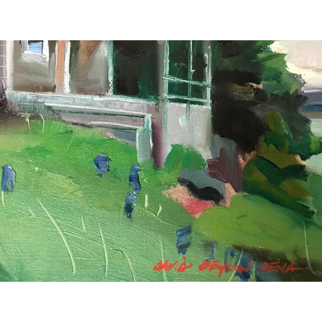 Slate Gray House With Lupins Original Oil Painting For Sale - Image 4 of 4