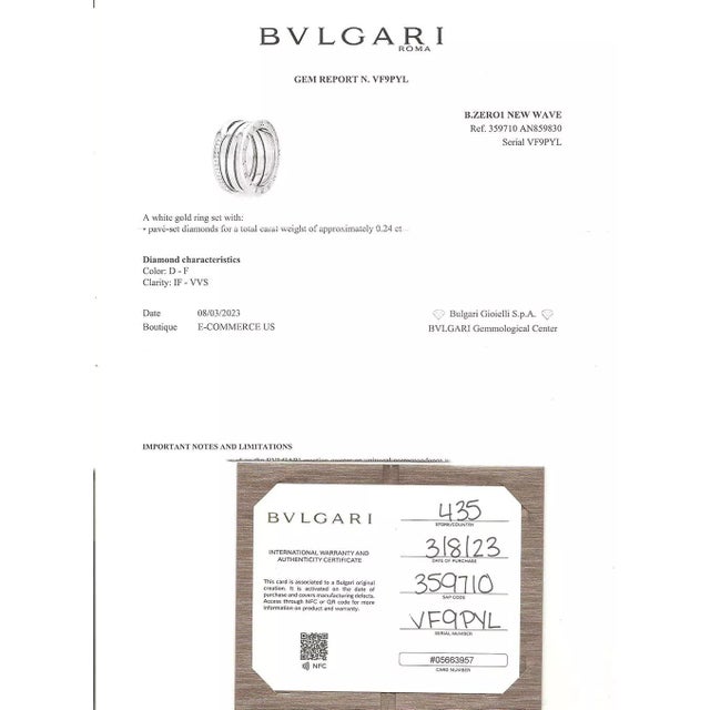 Metal Bulgari B Zero.1 Ring Diamond 18k White Gold w/Box Cert & Paper For Sale - Image 7 of 8