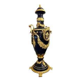 Opulent French-Style Navy Blue Porcelain Vase – Gold Leaf, Bronze & Sculpted Floral Details For Sale