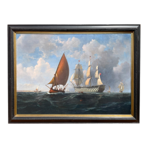 Antique 19th Century Maritime Seascape War Ship Oil Painting HMS Brittania Robert Strickland Thomas 1835