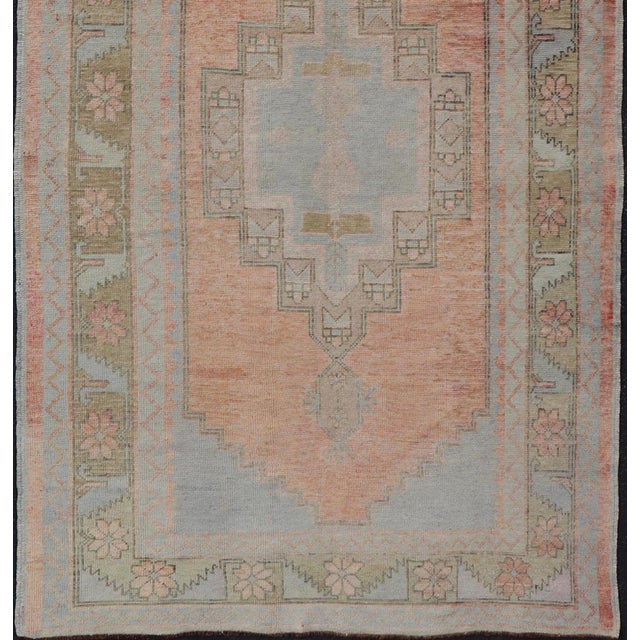 Vintage Turkish Oushak Gallery With Tribal Medallions in Soft Peach and Green For Sale - Image 4 of 13