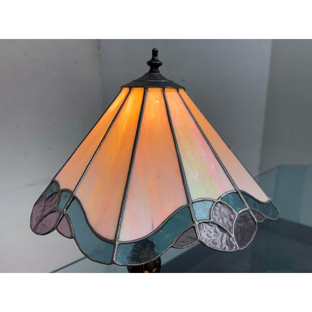 Tiffany Style Stained Glass + Iridescent Table Lamp For Sale - Image 10 of 12