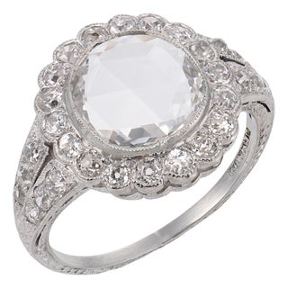 1910s Edwardian Gia 0.91 Carat Rose Cut Diamond Platinum Cluster Engagement Ring, Size 5.5 For Sale