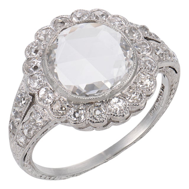 1910s Edwardian Gia 0.91 Carat Rose Cut Diamond Platinum Cluster Engagement Ring, Size 5.5 For Sale