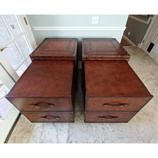 Maitland Smith Leather Steamer Trunk End Table / Nightstands a Pair