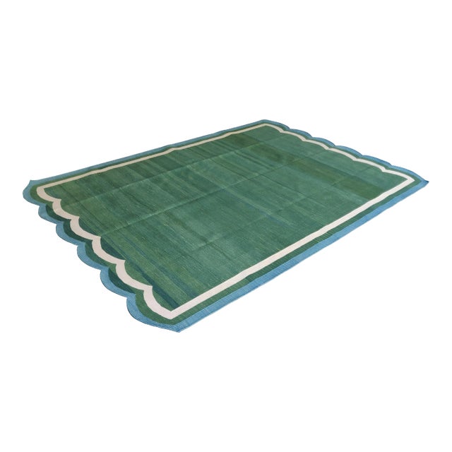 Not Yet Made - Made To Order Handmade Cotton Scalloped Green Rug - 10'x14' For Sale