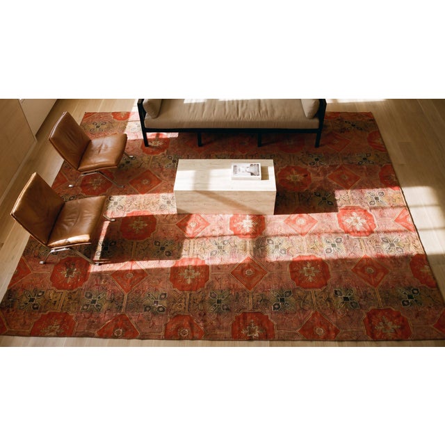 1870s Red Octagonal Geometric Antique American Ingrain Carpet 7'7" X 9'6" Flatweave Wool Rug For Sale - Image 17 of 18