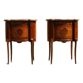 Pair Antique French Louis XV Style Marble Top Inlaid Wood Nightstands, Circa 1940s For Sale