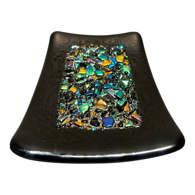Signed Hawaiian Art Glass Decorative Dish - 4” X 6” Fused Dichroic Glass For Sale